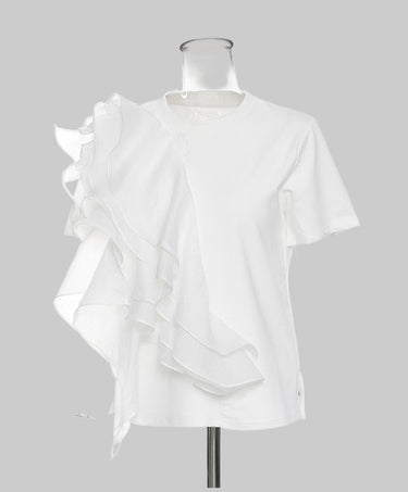 Spring Summer Large Ruffled Laminated Stitching Contrast Color Pullover Short Sleeved T shirt Slimming Top